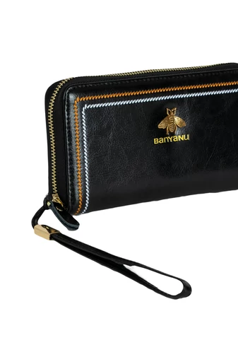 Portofel pentru Dame Din Piele Naturală  Negru cu Model cu Cusătură 