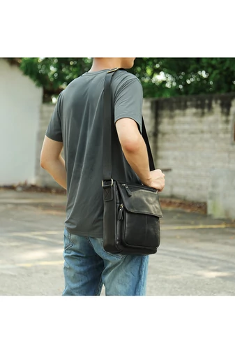 Bonluo Geantă Crossbody De Bărbați Neagră Din Piele Naturală Dimensiune (28*22*6 cm)