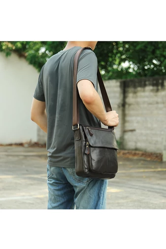 Bonluo Geantă Crossbody De Bărbați Maro Din Piele Naturală Acoperită Cu Coaja De Litchi Calitate Premium Dimensiune (28*22*6 cm)