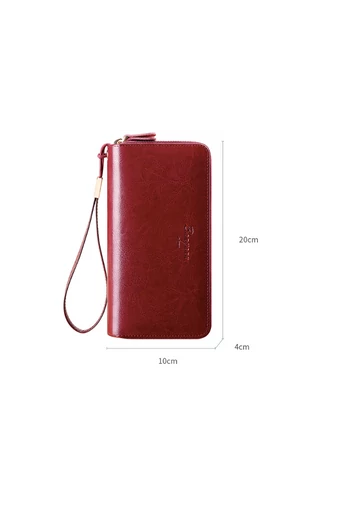 Női cseresznye prémium minőségű valódi bőr pénztárca dupla cipzárral és csuklópánttal (20x10x4cm)