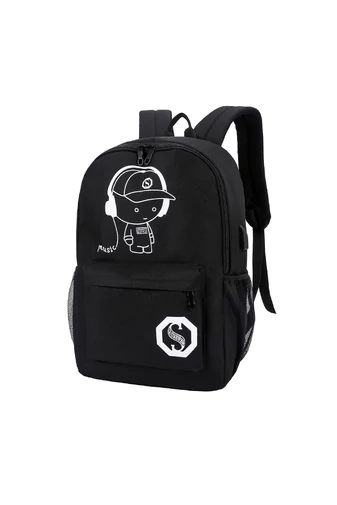Bonluo Rucsac Negru Cu Figurine Fosforescente Și Cablu USB Dimensiune Gratuită Wizzair (40x30x20cm)