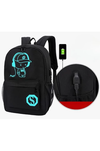 Bonluo Rucsac Negru Cu Figurine Fosforescente Și Cablu USB Dimensiune Gratuită Wizzair (40x30x20cm)