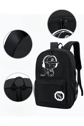 Bonluo Rucsac Negru Cu Figurine Fosforescente Și Cablu USB Dimensiune Gratuită Wizzair (40x30x20cm)