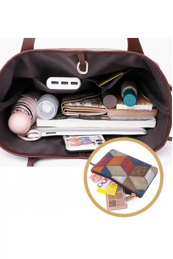 Bonluo Set Geantă De Umăr Maro Cu Model Colorat Și Mini Portofel/Borsetă Din Imitație de Piele (2buc)
