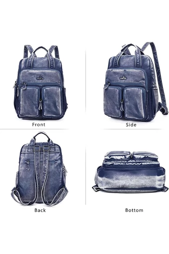 Rucsac Albastru Denim Din Piele PU Spălată De Calitate Premium