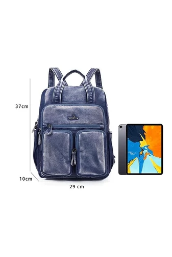Rucsac Albastru Denim Din Piele PU Spălată De Calitate Premium