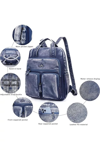 Rucsac Albastru Denim Din Piele PU Spălată De Calitate Premium