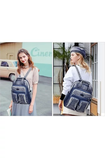 Rucsac Albastru Denim Din Piele PU Spălată De Calitate Premium