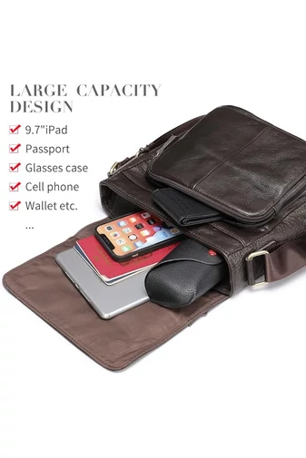 Bonluo Geantă Crossbody De Bărbați Maro Din Piele Naturală Acoperită Cu Coaja De Litchi Calitate Premium Dimensiune (28*22*6 cm)