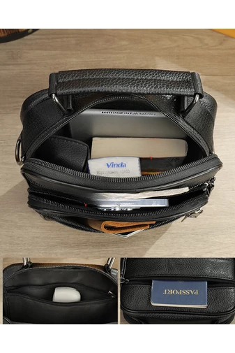 Geantă Crossbody De Bărbați Neagră Bonluo Din Piele Naturală Calitate Premium Dimensiune (23*20*6cm)