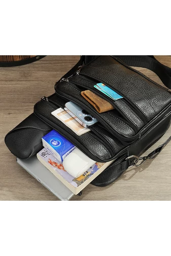 Geantă Crossbody De Bărbați Neagră Bonluo Din Piele Naturală Calitate Premium Dimensiune (23*20*6cm)