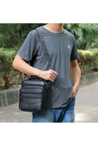 Geantă Crossbody De Bărbați Neagră Bonluo Din Piele Naturală Calitate Premium Dimensiune (23*20*6cm)