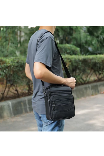 Geantă Crossbody De Bărbați Neagră Bonluo Din Piele Naturală Calitate Premium Dimensiune (23*20*6cm)