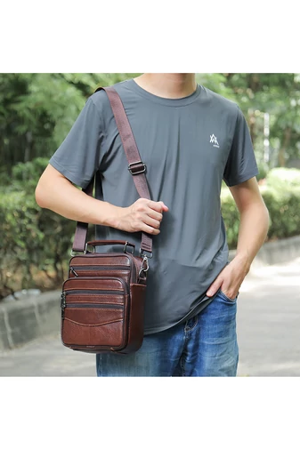Geantă Crossbody De Bărbați Maro Bonluo Din Piele Naturală Calitate Premium Dimensiune (23*20*6cm)