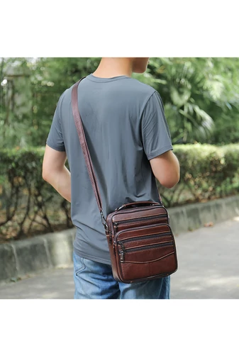 Geantă Crossbody De Bărbați Maro Bonluo Din Piele Naturală Calitate Premium Dimensiune (23*20*6cm)