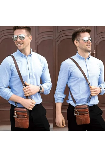 Geantă Crossbody Și Deantă De Brâu Bonluo De Bărbați Maro Din Piele Naturală Dimensiune (20*12,5m)