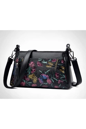 Geantă Crossbody Negru Cu Model Flori Din Imitație De Piele De Dimensiunea 15*25*10cm