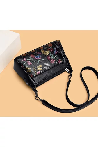 Geantă Crossbody Negru Cu Model Flori Din Imitație De Piele De Dimensiunea 15*25*10cm