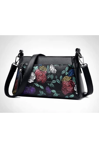 Geantă Crossbody Negru Cu Model Flori Din Imitație De Piele De Dimensiunea 15*25*10cm