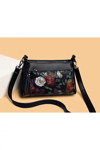 Geantă Crossbody Negru Cu Model Flori Din Imitație De Piele De Dimensiunea 15*25*10cm