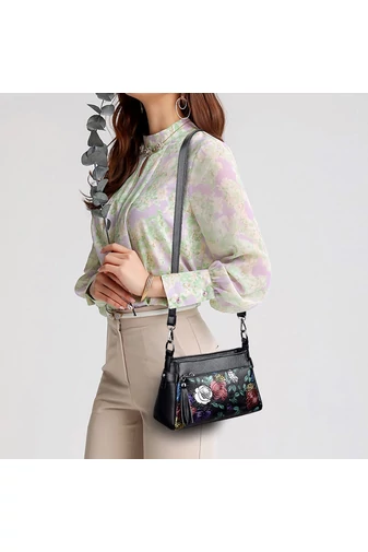 Geantă Crossbody Negru Cu Model Flori Din Imitație De Piele De Dimensiunea 15*25*10cm