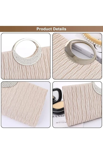 Bonluo Poșetă Eleganta Bej Accesorizat cu Pietre Stras Mâner Din Metal Dimensiune (28x13x4cm)