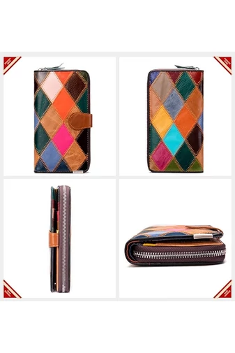Portofel Colaj Colorat Cu Cusături 3D Bonluo Din Piele Naturală (19*9,5*3,5cm)