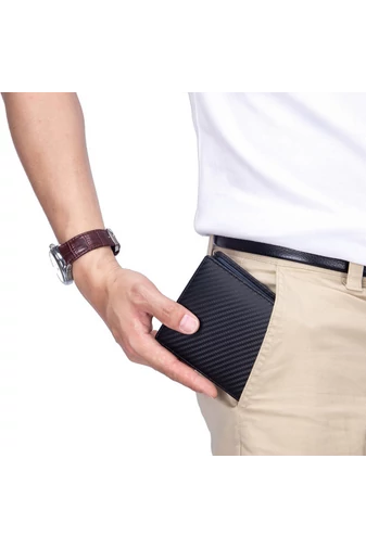 Portofel Bărbați Negru Cu Albastru Bonluo Din Piele Naturală Dimensiune (12*9,5*1cm)