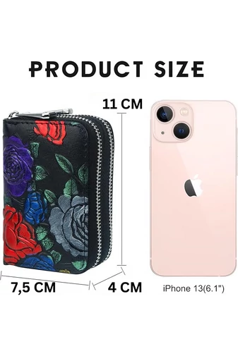 Mini Pénztárca Valódi Bőrből, Színes Rózsákkal, Dupla Cipzáras (11*7,5*4cm)