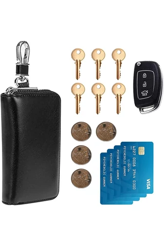 Husa Breloc Multifuncțional Pentru Chei Negru Bonluo Cu Funcție De Agățare Din Piele Naturală (11*6*2 cm)