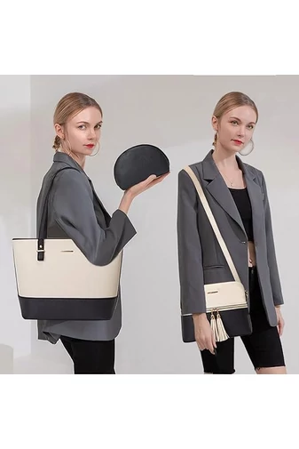 Set Genți Dama Bej/Negru Bonluo Din Imitație De Piele (3 buc) 