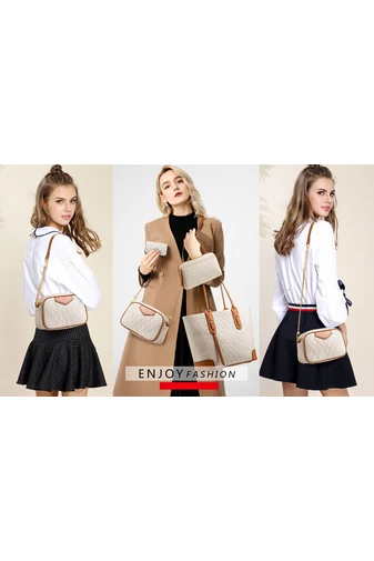 Set Genți Damă Bonluo Alb Cu Model Din Imitație De Piele (4 buc)