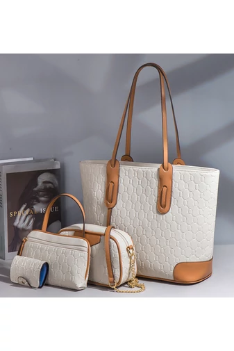 Set Genți Damă Bonluo Alb Cu Model Din Imitație De Piele (4 buc)