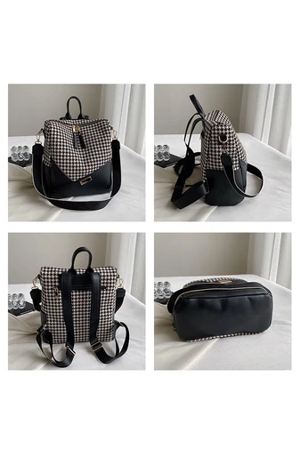 Rucsac Damă / Geantă De Umăr Bonluo Negru Cu Model Frunze Din Imitație De Piele Dimensiuni 32*25*14 cm