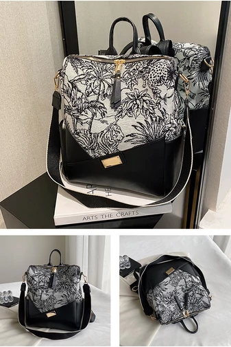 Rucsac Damă / Geantă De Umăr Bonluo Negru Cu Model Frunze Din Imitație De Piele Dimensiuni 32*25*14 cm