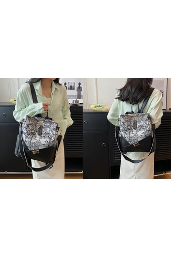 Rucsac Damă / Geantă De Umăr Bonluo Negru Cu Model Frunze Din Imitație De Piele Dimensiuni 32*25*14 cm