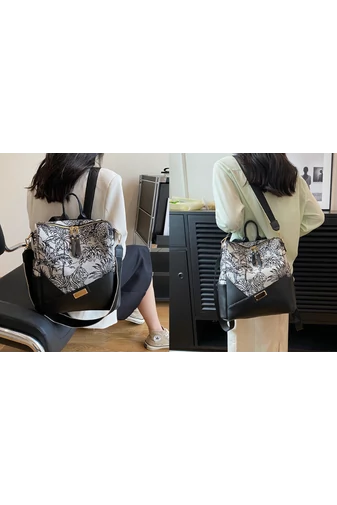 Rucsac Damă / Geantă De Umăr Bonluo Negru Cu Model Frunze Din Imitație De Piele Dimensiuni 32*25*14 cm