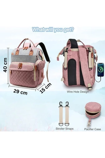 Rózsaszín többfunkciós poliészter hátizsák anyukáknak USB csatlakozóval Wizz Air méretben (40x29x15cm)