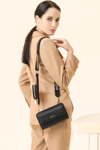 Fekete műbőr 2 az 1-ben Crossbody táska/pénztárca kompakt kialakítással és mini pénztárcával (11x19x7cm)