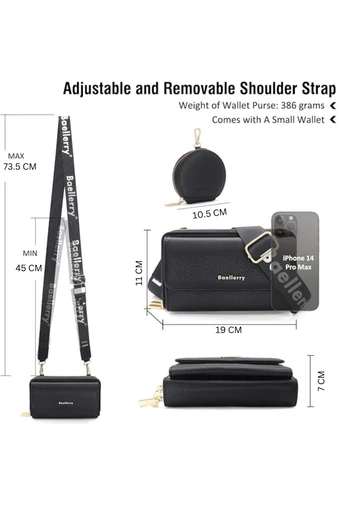 Fekete műbőr 2 az 1-ben Crossbody táska/pénztárca kompakt kialakítással és mini pénztárcával (11x19x7cm)