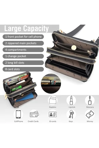 Fekete műbőr 2 az 1-ben Crossbody táska/pénztárca kompakt kialakítással és mini pénztárcával (11x19x7cm)