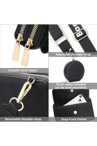 Fekete műbőr 2 az 1-ben Crossbody táska/pénztárca kompakt kialakítással és mini pénztárcával (11x19x7cm)