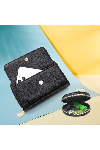 Fekete műbőr 2 az 1-ben Crossbody táska/pénztárca kompakt kialakítással és mini pénztárcával (11x19x7cm)