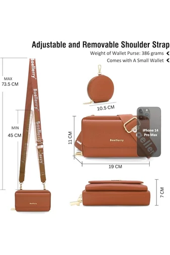 Barna műbőr 2 az 1-ben Crossbody táska/pénztárca kompakt kialakítással és mini pénztárcával (11x19x7cm)