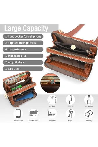 Barna műbőr 2 az 1-ben Crossbody táska/pénztárca kompakt kialakítással és mini pénztárcával (11x19x7cm)