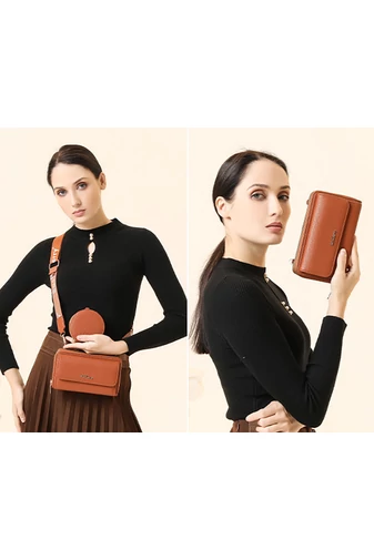 Barna műbőr 2 az 1-ben Crossbody táska/pénztárca kompakt kialakítással és mini pénztárcával (11x19x7cm)