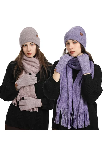 Set Căciulă, Fular Și Mănuși Pentru Dame Bonluo Violet Închis 