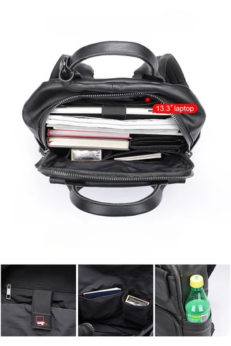 Valódi Bőr Hátizsák Unisex Fekete Bonluo 13,3 hüvelykes laptophoz 37*26*12 cm