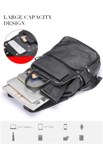 Valódi Bőr Hátizsák Unisex Fekete Bonluo 13,3 hüvelykes laptophoz 37*26*12 cm