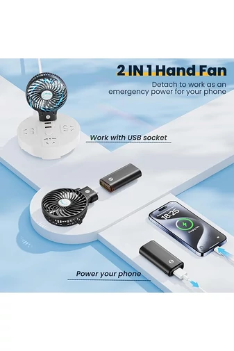 Hordozható Ventilátor 2az1-ben USB töltő Power Bank típusú, 180°-ban összecsukható, Fekete